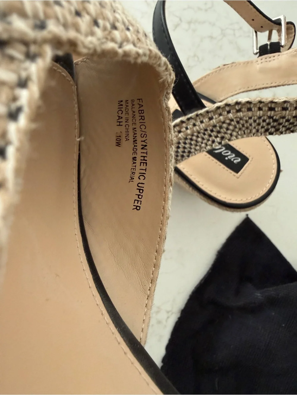 Neutral Woven Wedge Sandals with Black Ankle Straps